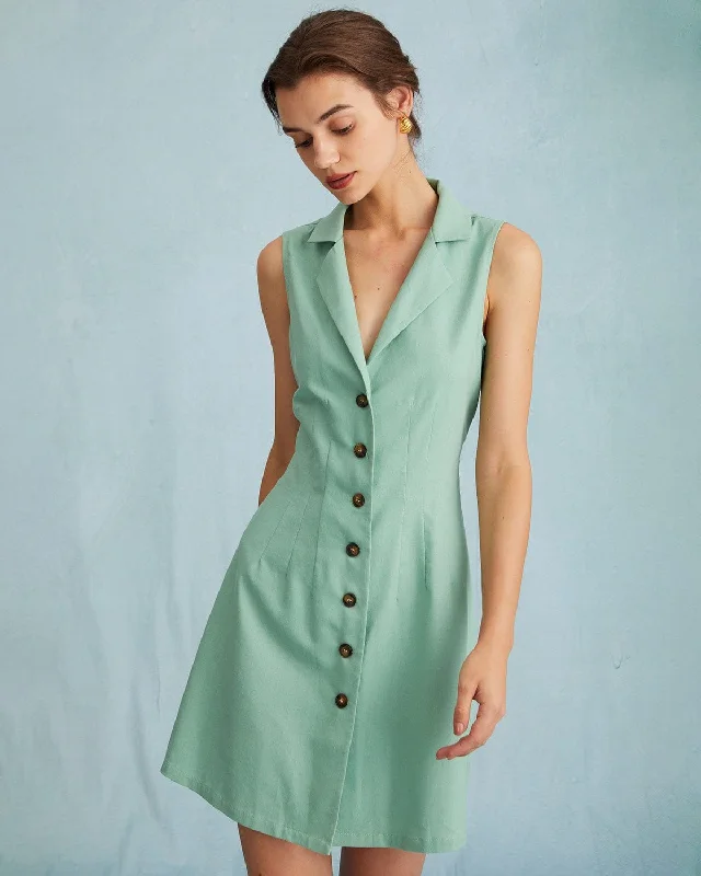 The Green Lapel Button-up Sleeveless Mini Dress