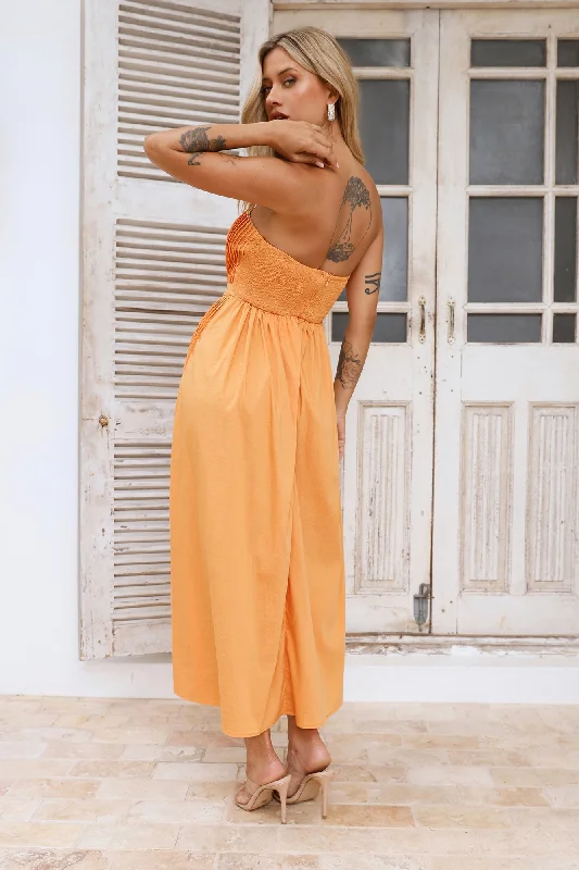 Tropical Resort Strapless Midi Dress Orange