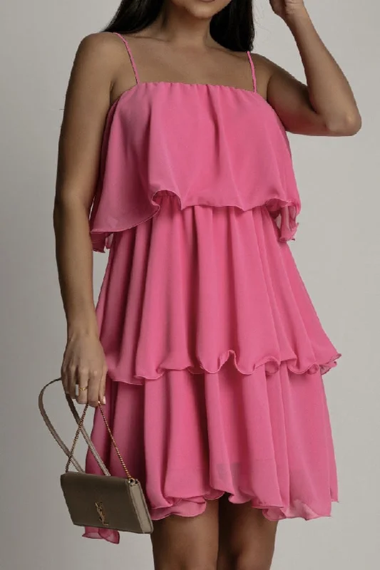 Vianna Pink Chiffon Print Tiered Dress