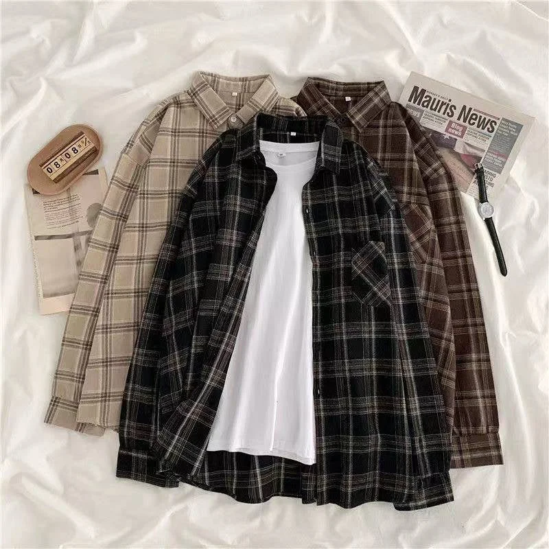 Flytonn-Graduation gift, dressing for the Coachella Valley Music Festival,Vintage Long Sleeve Button Up Plaid Shirts