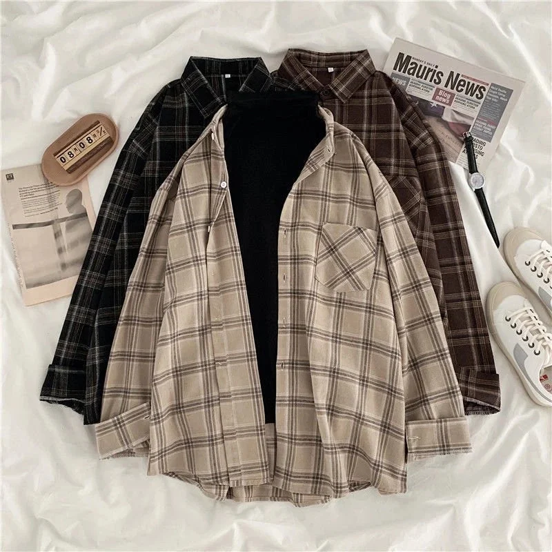 Flytonn-Graduation gift, dressing for the Coachella Valley Music Festival,Vintage Long Sleeve Button Up Plaid Shirts