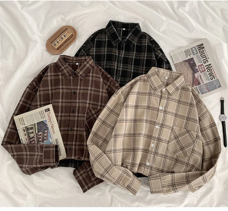 Flytonn-Graduation gift, dressing for the Coachella Valley Music Festival,Vintage Long Sleeve Button Up Plaid Shirts