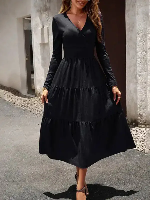 Women’s Autumn Long Dress Temperament Commuting V-neck Long-sleeve Temperament Elegant Dress