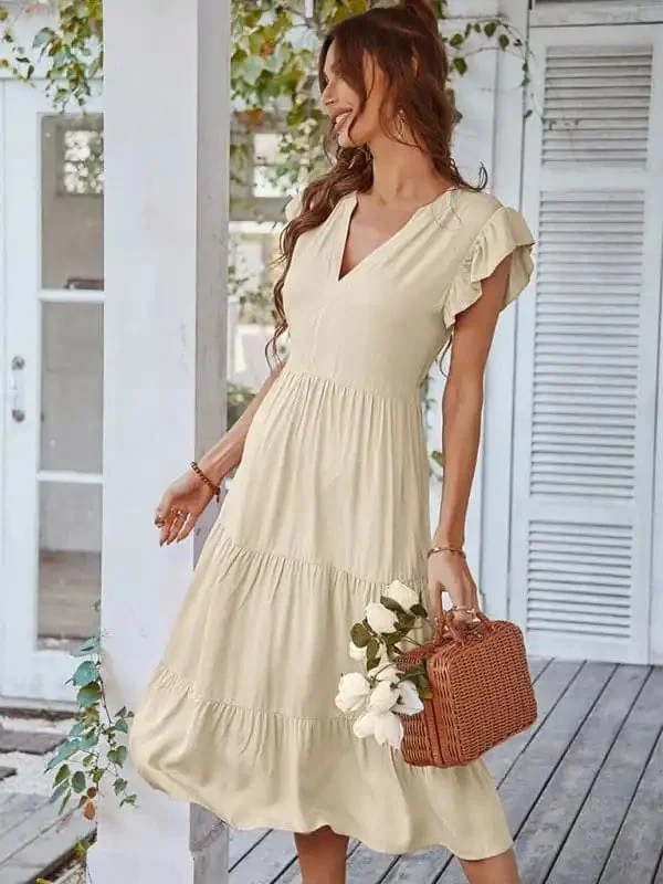 Women’s Casual V Neck Flying Sleeves Solid Color Dress