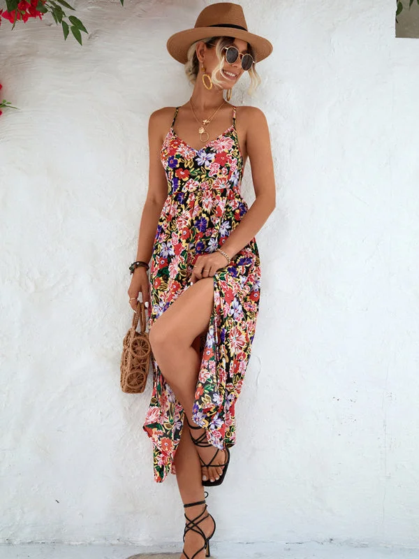 Women's Floral Backless Slit Slip Dress