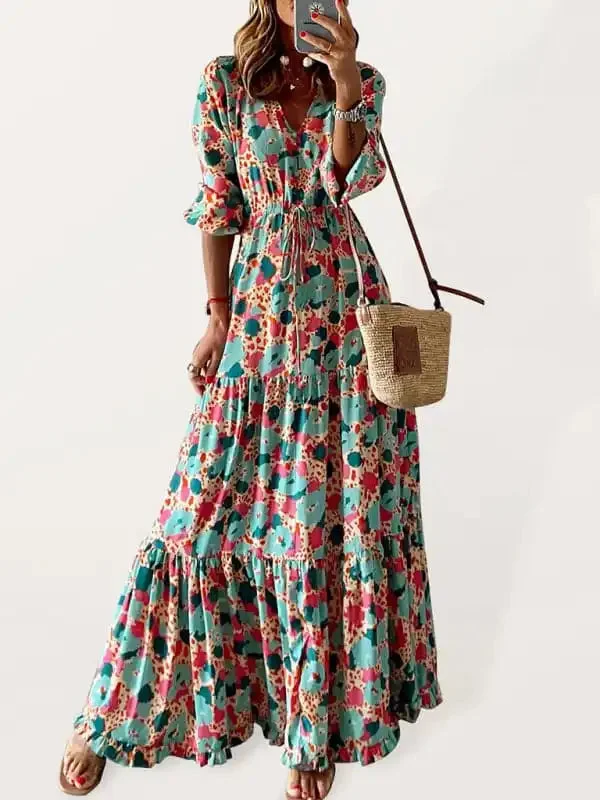 Women’s Floral Print Tiered Puff Ruffle Sleeve Maxi Dress