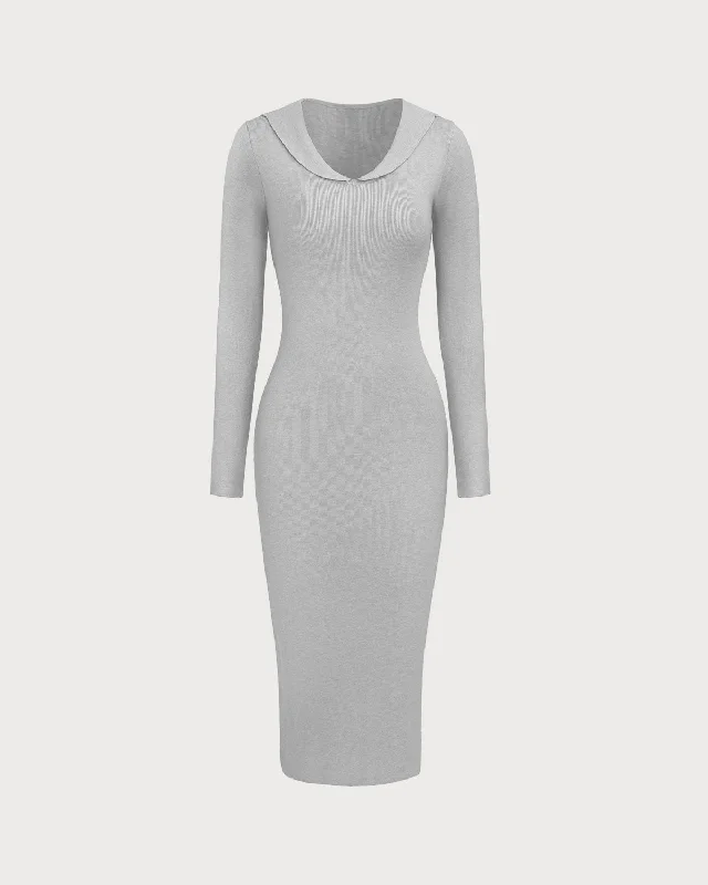 Women's Grey Bodycon Long Sleeve Sweater Midi Dress