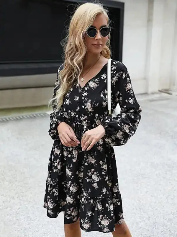 Women’s Printed Long Sleeve V Neck Black Dress