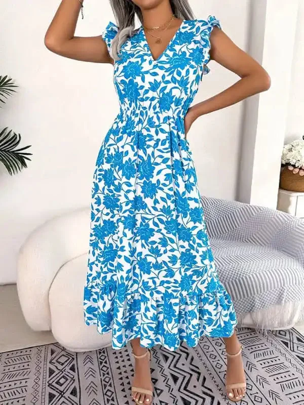 Women’s printed V-neck floral waistband holiday dress