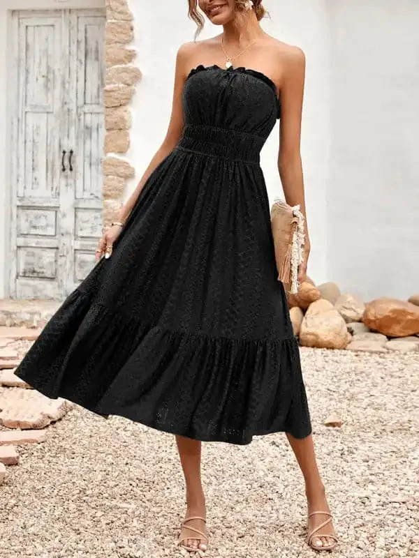 Women’s Solid Color Strapless Taffeta Bubble-hem Lace Midi Dress