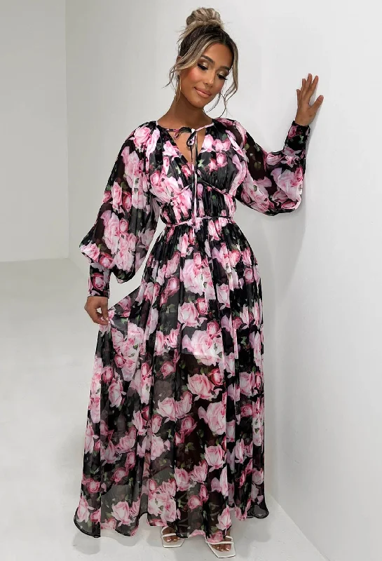 Your Love Affair Black Floral Chiffon Long Sleeve Maxi Dress