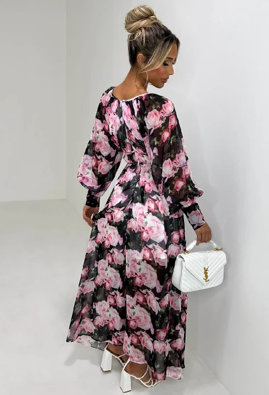 Your Love Affair Black Floral Chiffon Long Sleeve Maxi Dress