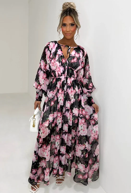 Your Love Affair Black Floral Chiffon Long Sleeve Maxi Dress