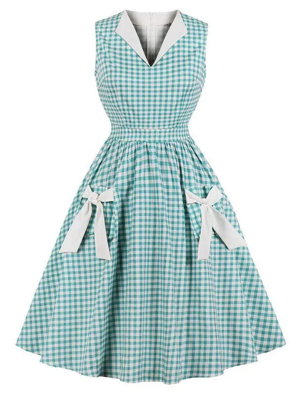 1950s Plaid Bow Pockets Lapel Dress