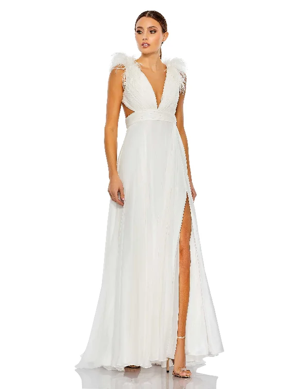 Plunge Ostrich Feather A Line Gown