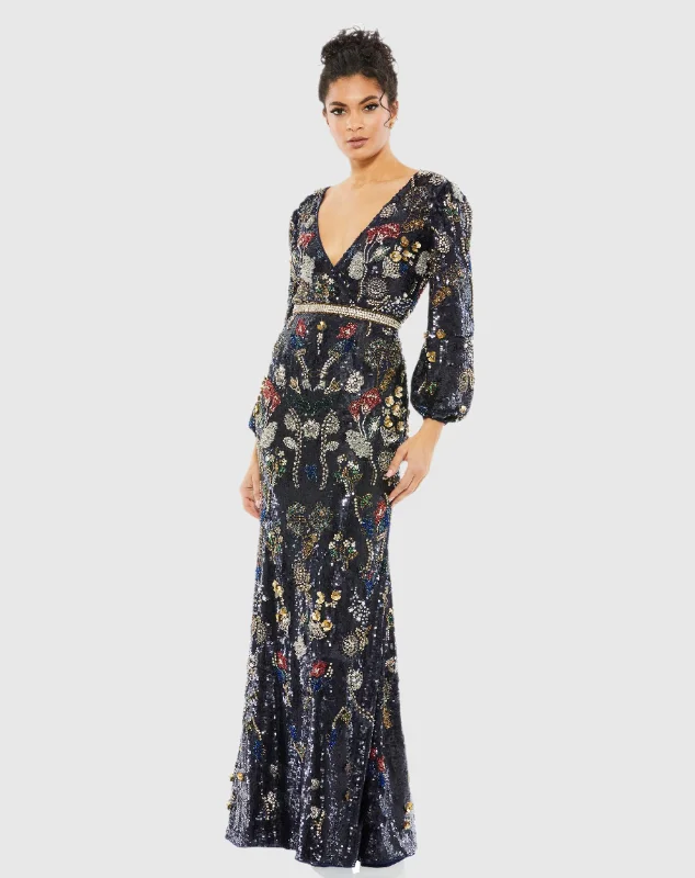 Embellished Wrap Over Bishop Sleeve Gown