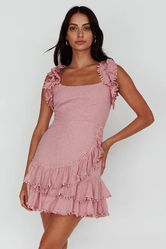 Annie Ruffle Shoulder Strap Dress Dusty Pink