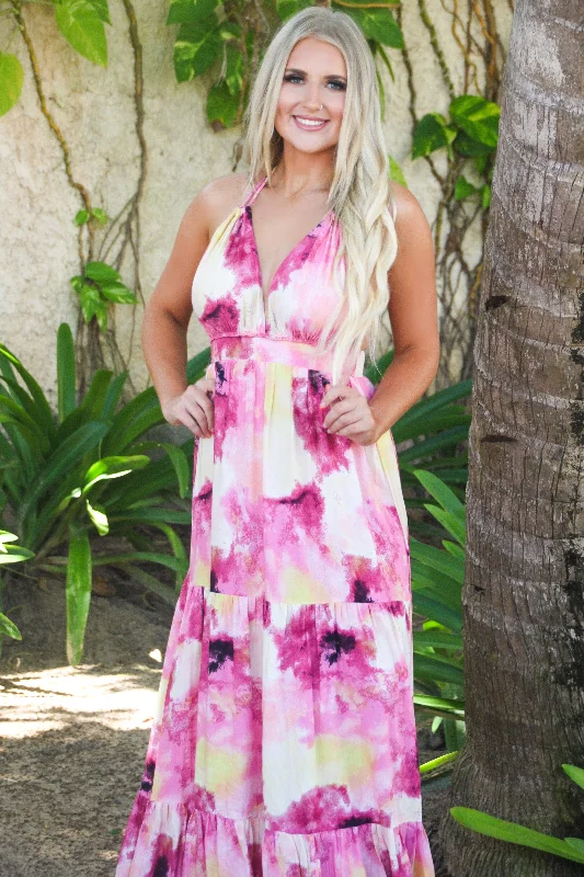 Beach Days Only Please Watercolor Maxi Dress: Pink Multi