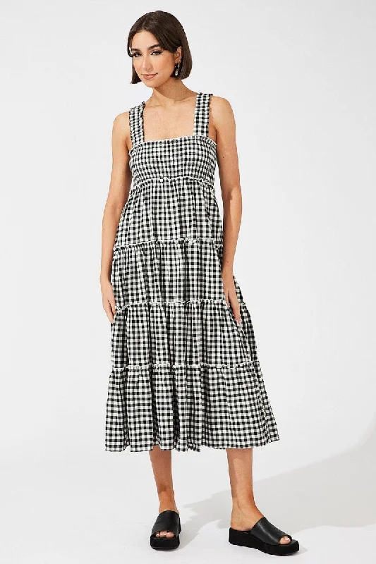 Black Check Maxi Dress Shirred Bust Tiered