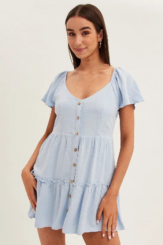 Blue Dress Square Neck Short Sleeve Tiered Button Front