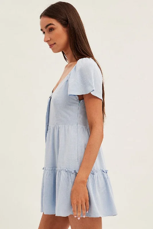 Blue Dress Square Neck Short Sleeve Tiered Button Front