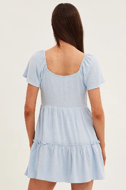 Blue Dress Square Neck Short Sleeve Tiered Button Front