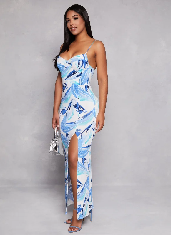 Printed Side Slit Bustier Maxi Dress