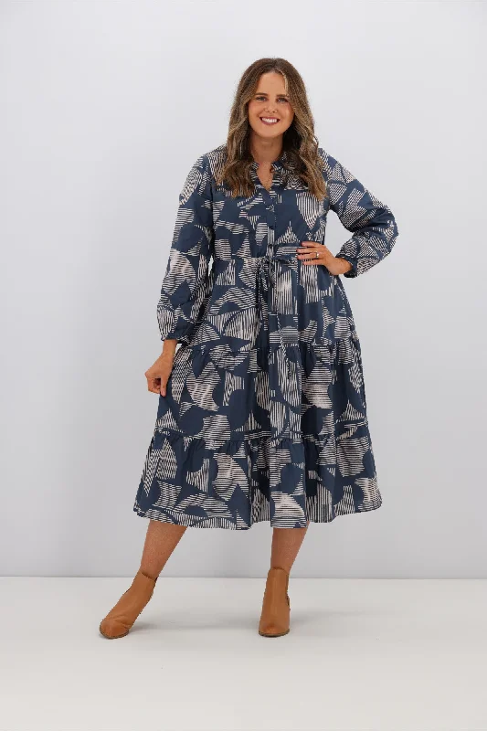 Boho Australia Sidra Midi Dress Navy Print