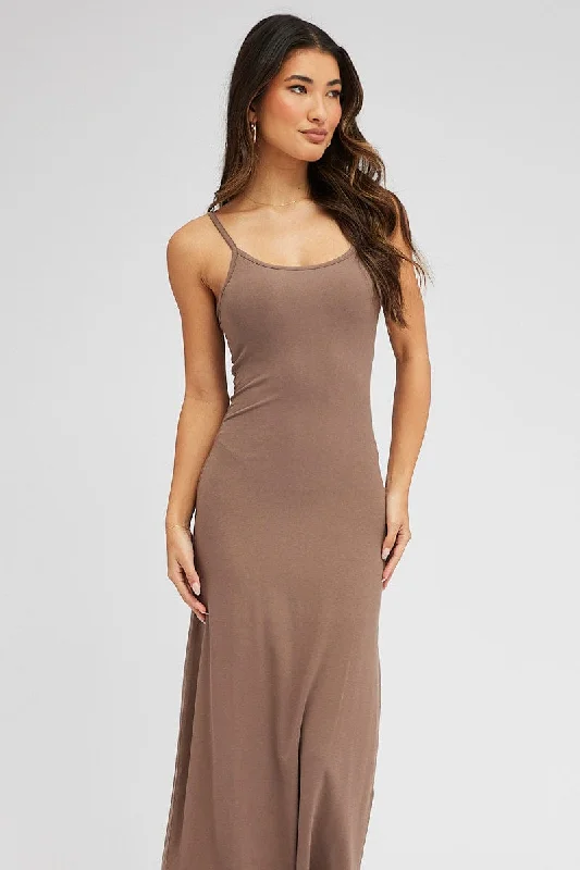 Brown Maxi Dress Sleeveless Scoop Neck Bodycon Jersey