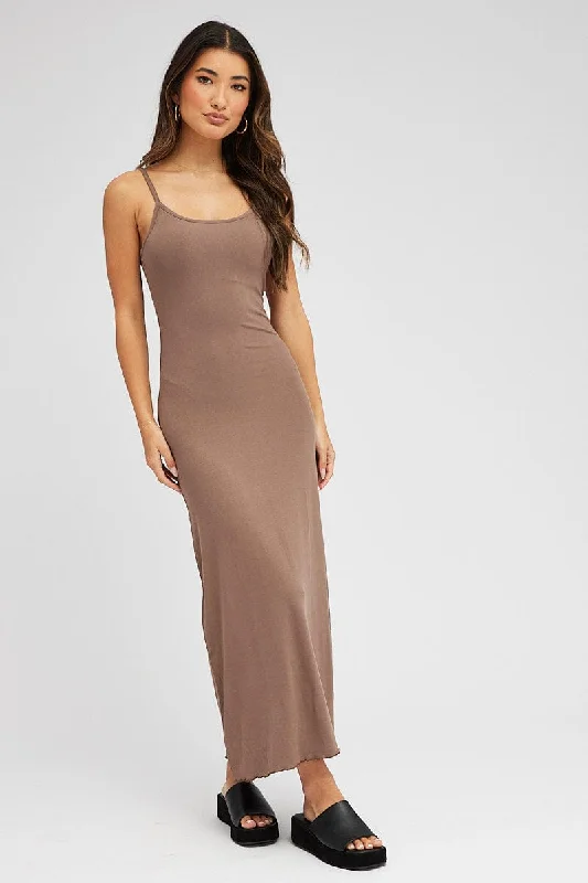 Brown Maxi Dress Sleeveless Scoop Neck Bodycon Jersey