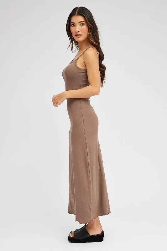 Brown Maxi Dress Sleeveless Scoop Neck Bodycon Jersey