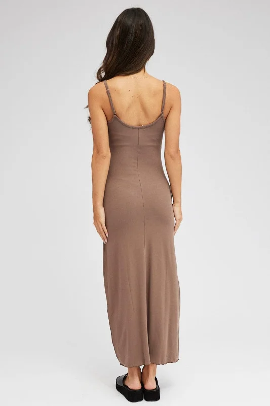 Brown Maxi Dress Sleeveless Scoop Neck Bodycon Jersey