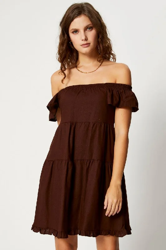 Brown Tiered Smock Dress