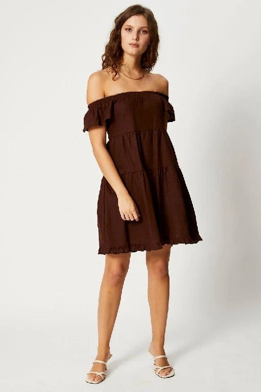 Brown Tiered Smock Dress