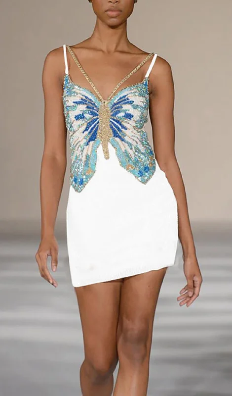 BUTTERFLY BEADED STRAPPY COCKTAIL MINI DRESS