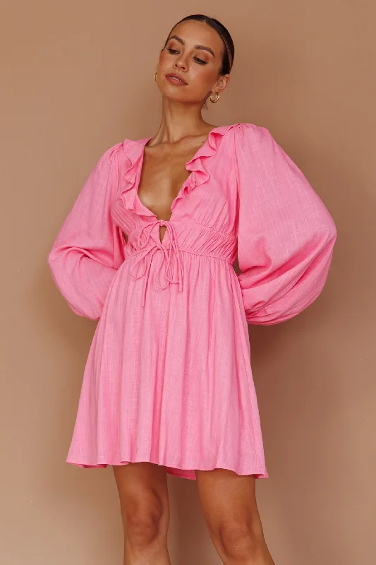 Carnivale Balloon Sleeve Ruffle Mini Dress Pink