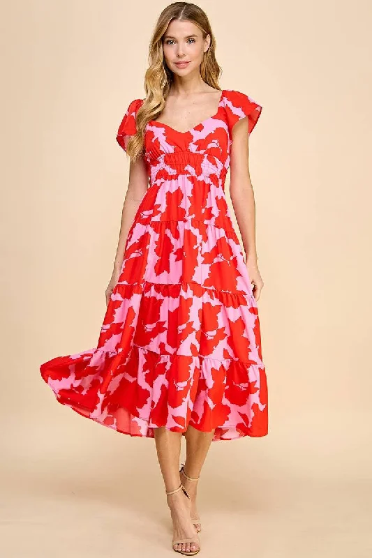 Red & Pink Floral Midi Dress