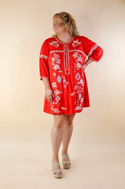 Chasing Sunshine Half Button Embroidered Dress with Half Sleeves in Red