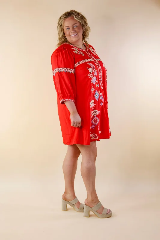 Chasing Sunshine Half Button Embroidered Dress with Half Sleeves in Red