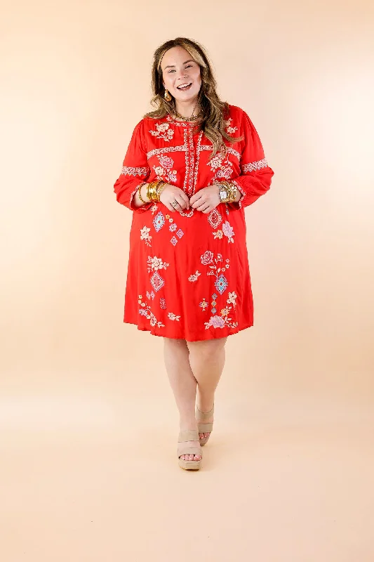 Chasing Sunshine Half Button Embroidered Dress with Half Sleeves in Red