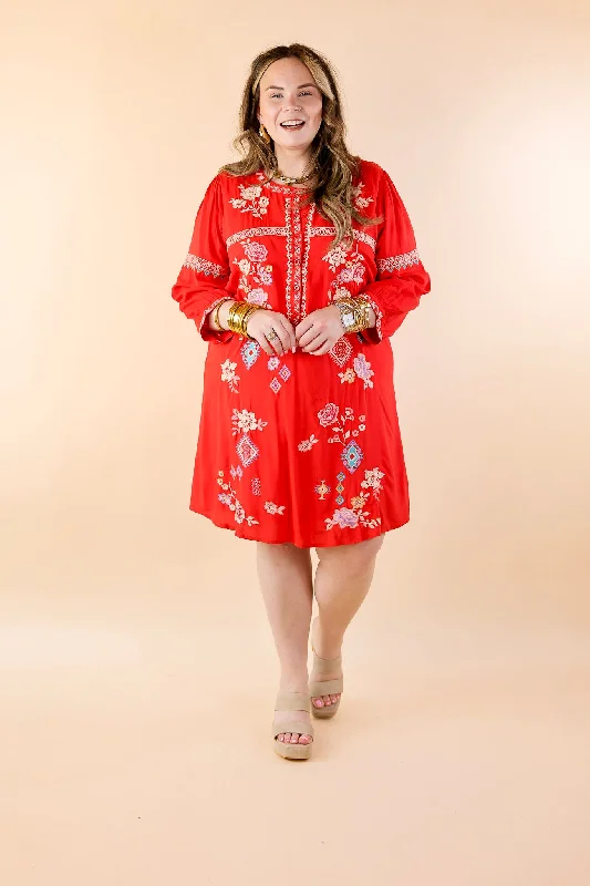 Chasing Sunshine Half Button Embroidered Dress with Half Sleeves in Red