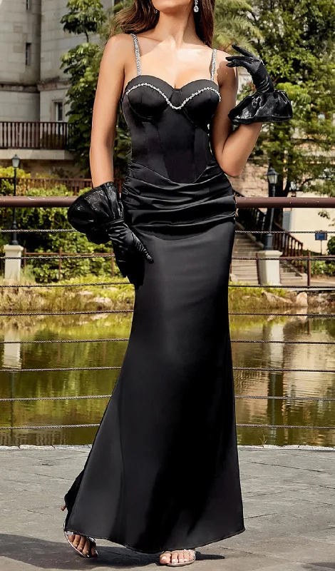 CRYSTAL BUSTIER DRAPED MAXI DRESS BLACK