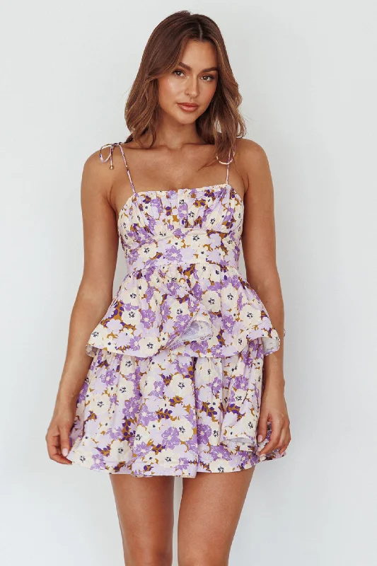 Dodi Tied Shoulder Layered Mini Dress Floral Purple