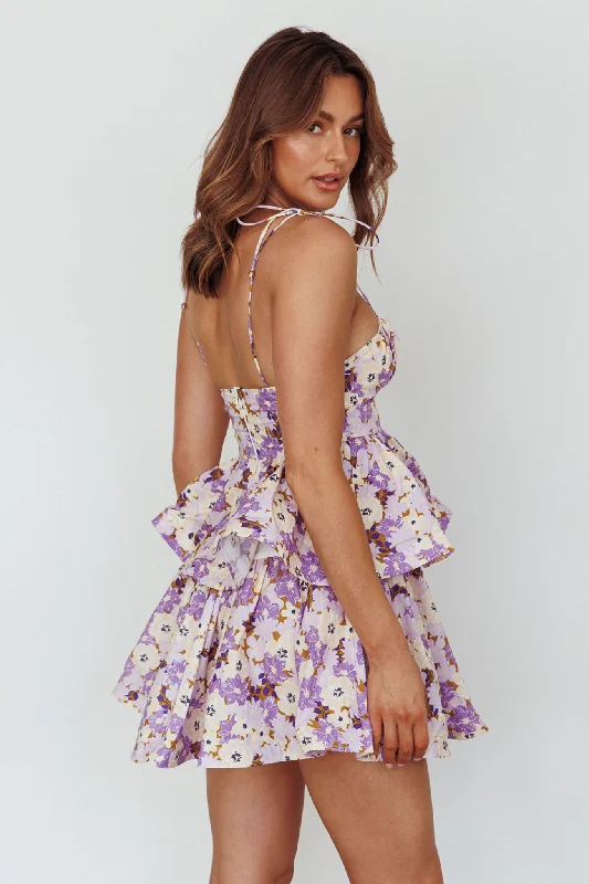 Dodi Tied Shoulder Layered Mini Dress Floral Purple