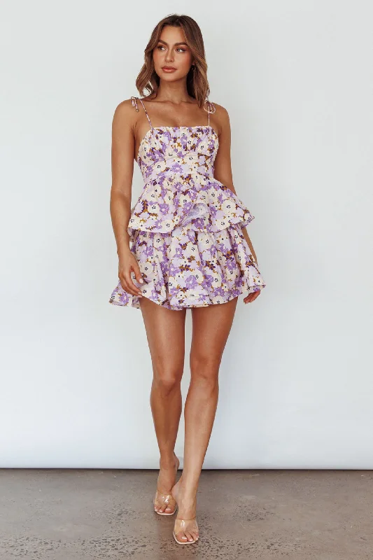 Dodi Tied Shoulder Layered Mini Dress Floral Purple