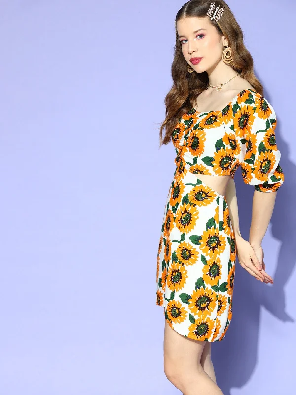 Berrylush Women White & Yellow Sunflower Printed Sweetheart Neck Back Cutout Flared A-Line Mini Dress