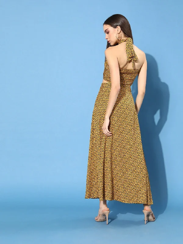 Berrylush Women Yellow & Black Animal Printed Halter Neck Crepe Maxi Dress