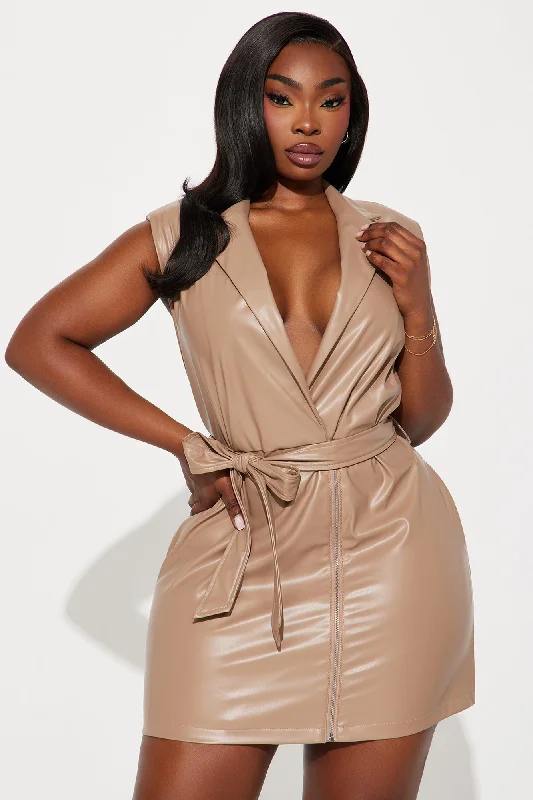 Edgy Elegance Leather Mini Dress - Taupe