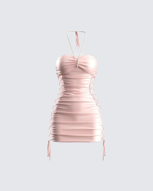 Elara Pink Satin Laced Mini Dress