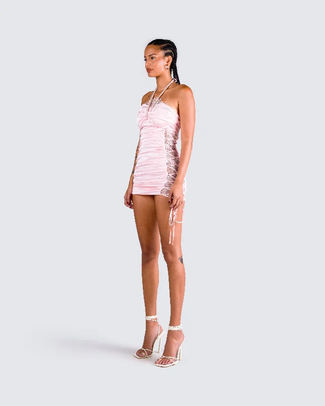 Elara Pink Satin Laced Mini Dress